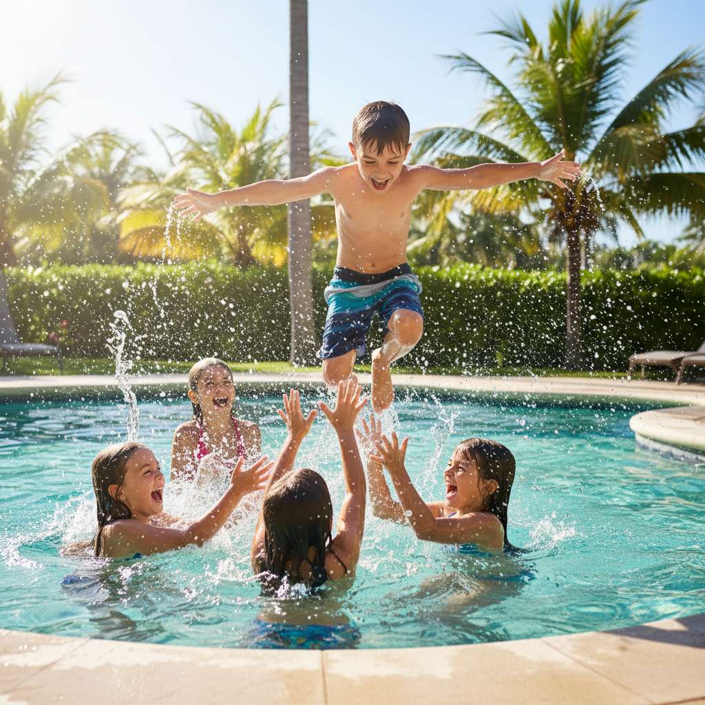 Niños jugando y nadando en la piscina