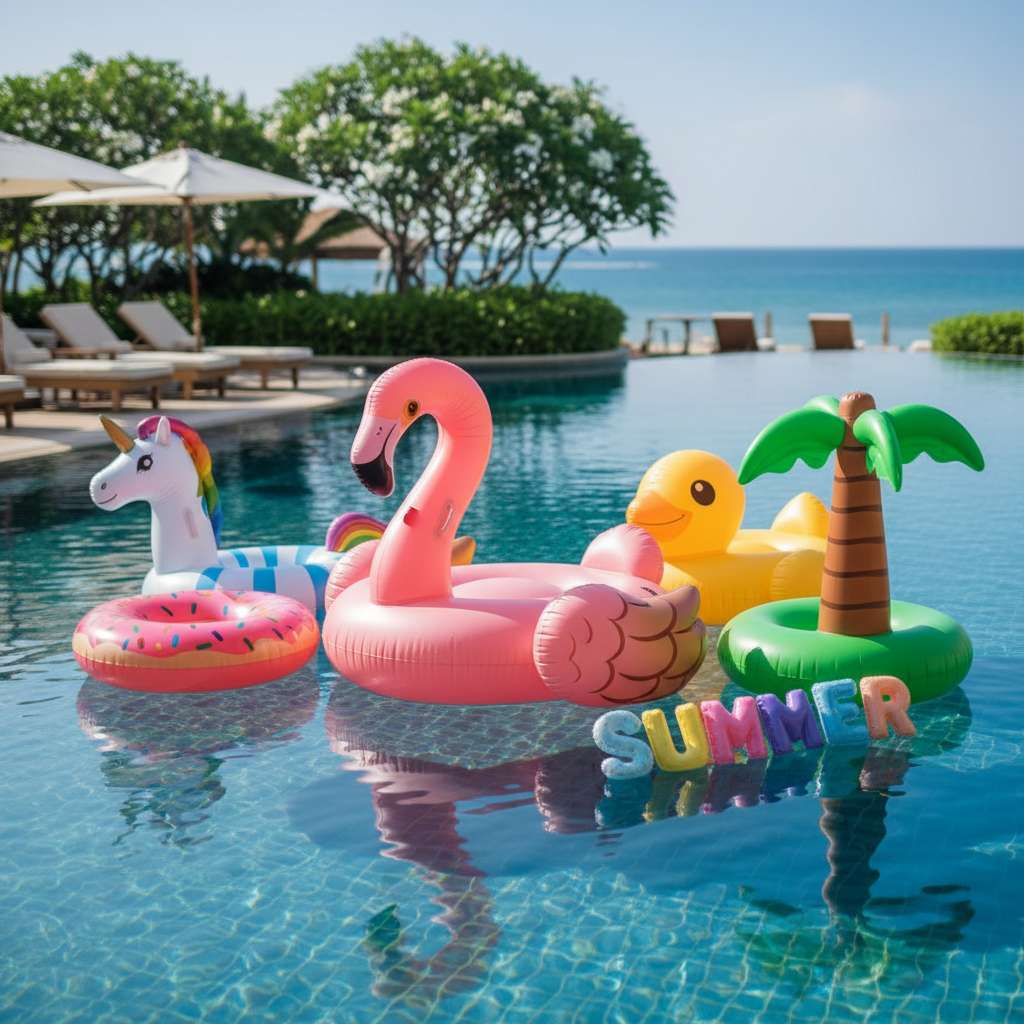 Inflables coloridos en piscina bajo el sol