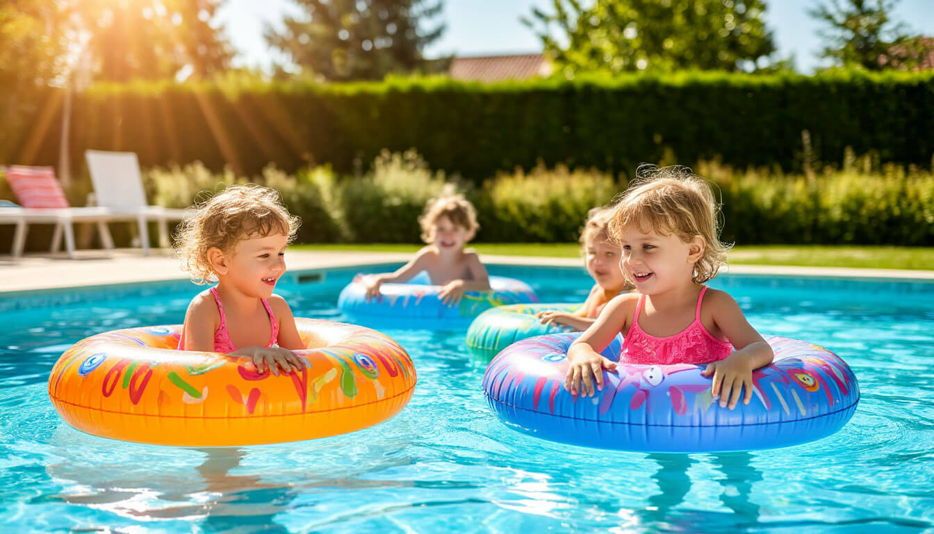 Niños jugando en piscina con flotadores
