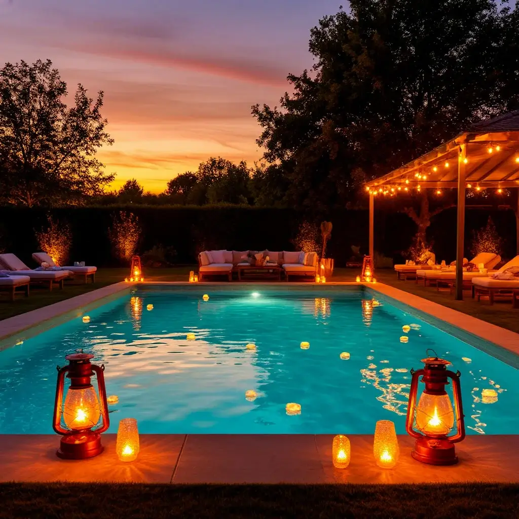 Reunión de amigos junto a una piscina al aire libre