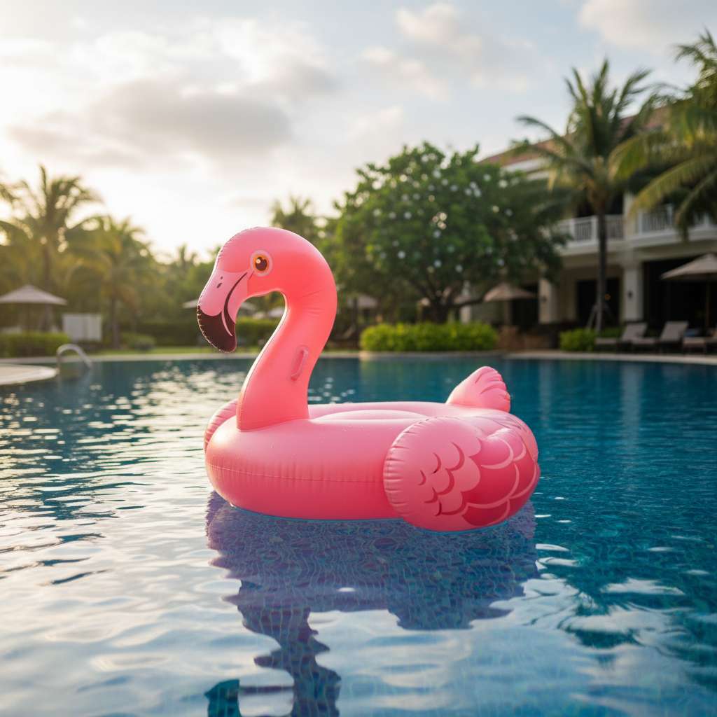 Flotador rosa flamenco en una piscina azul