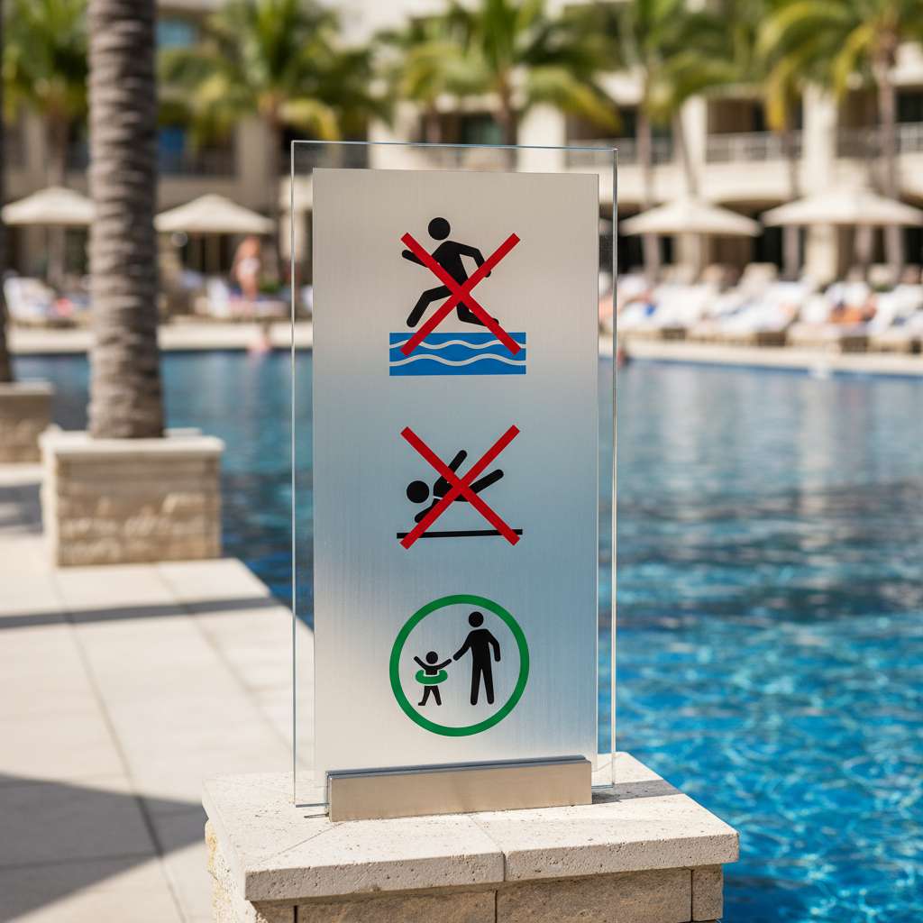 Cartel de advertencia junto a piscina