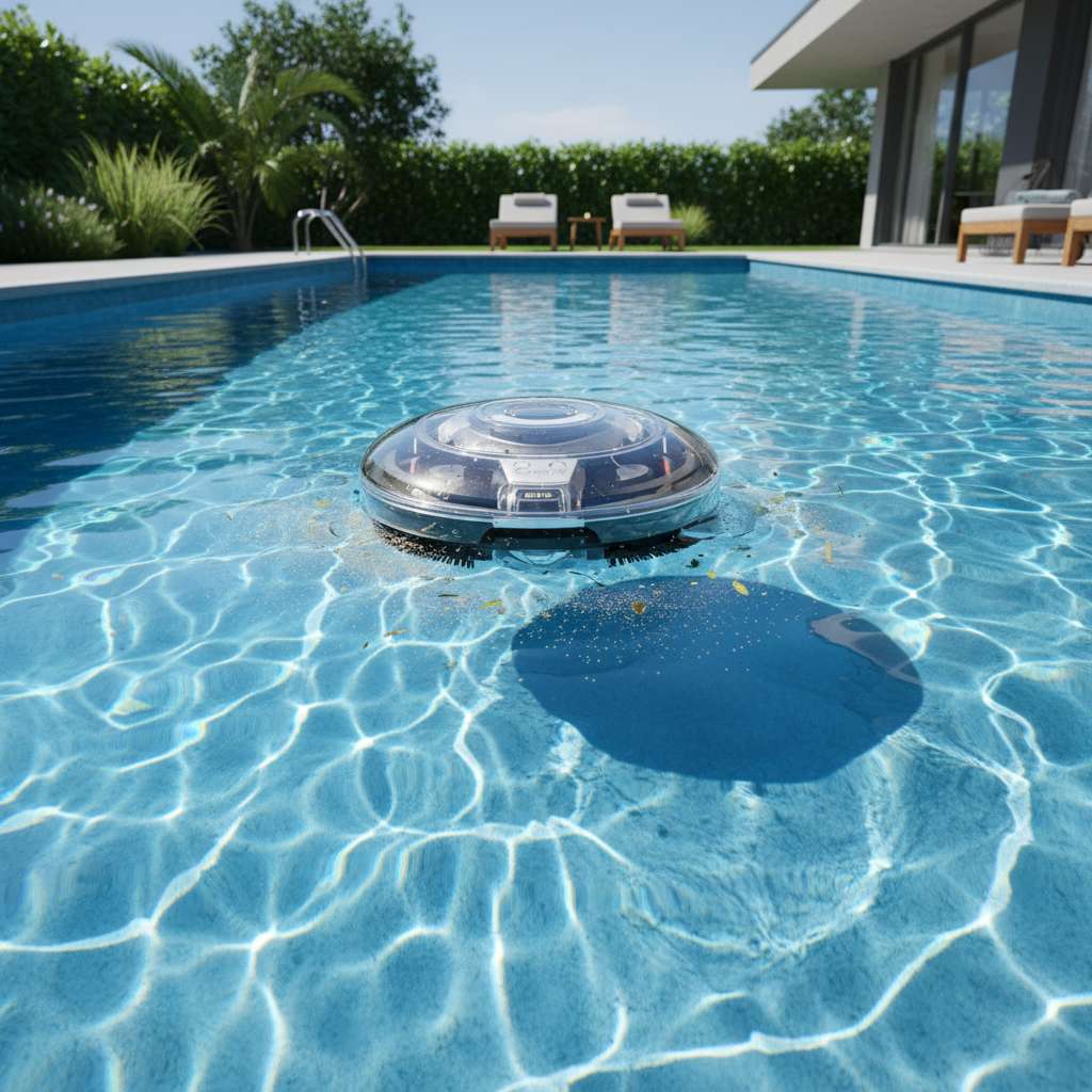 Robot limpiafondos funcionando en piscina moderna