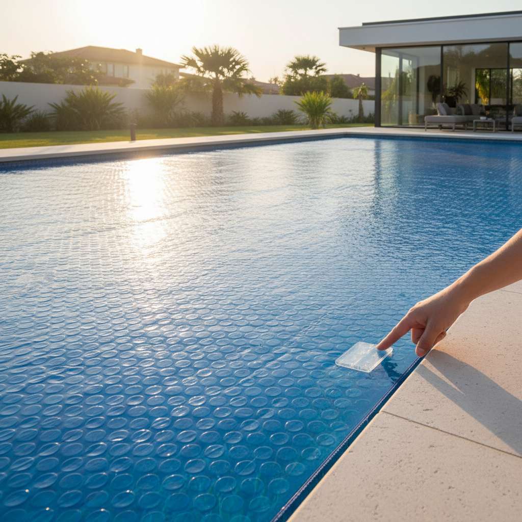 Cubierta solar azul sobre piscina