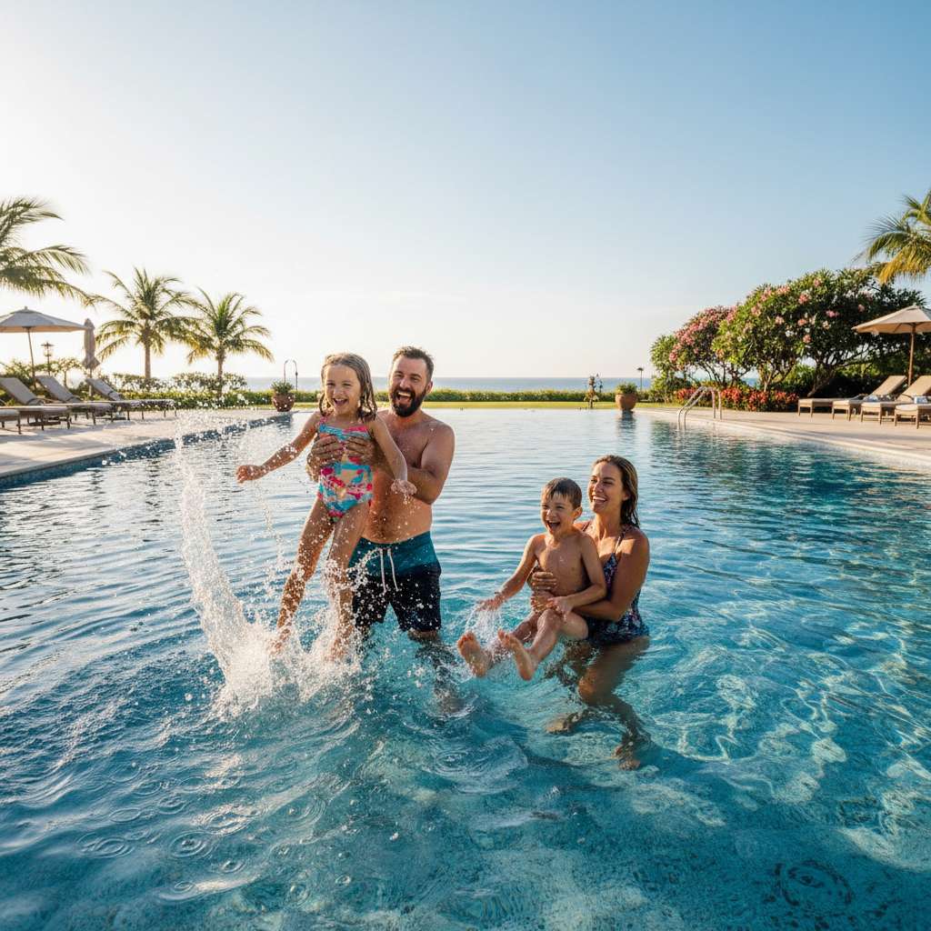 Familia disfrutando una piscina bajo el sol del verano